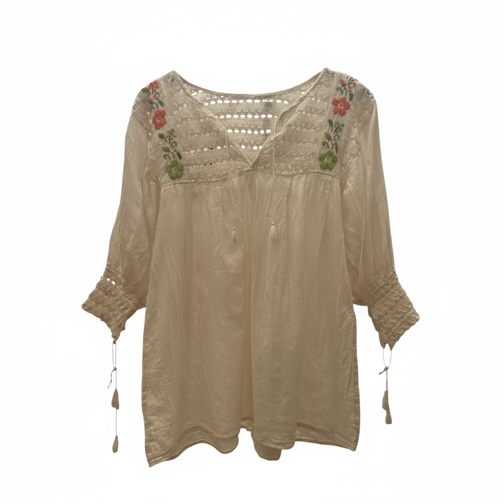 Boho Peasant Blouse with Embroidered Floral & Crochet Details